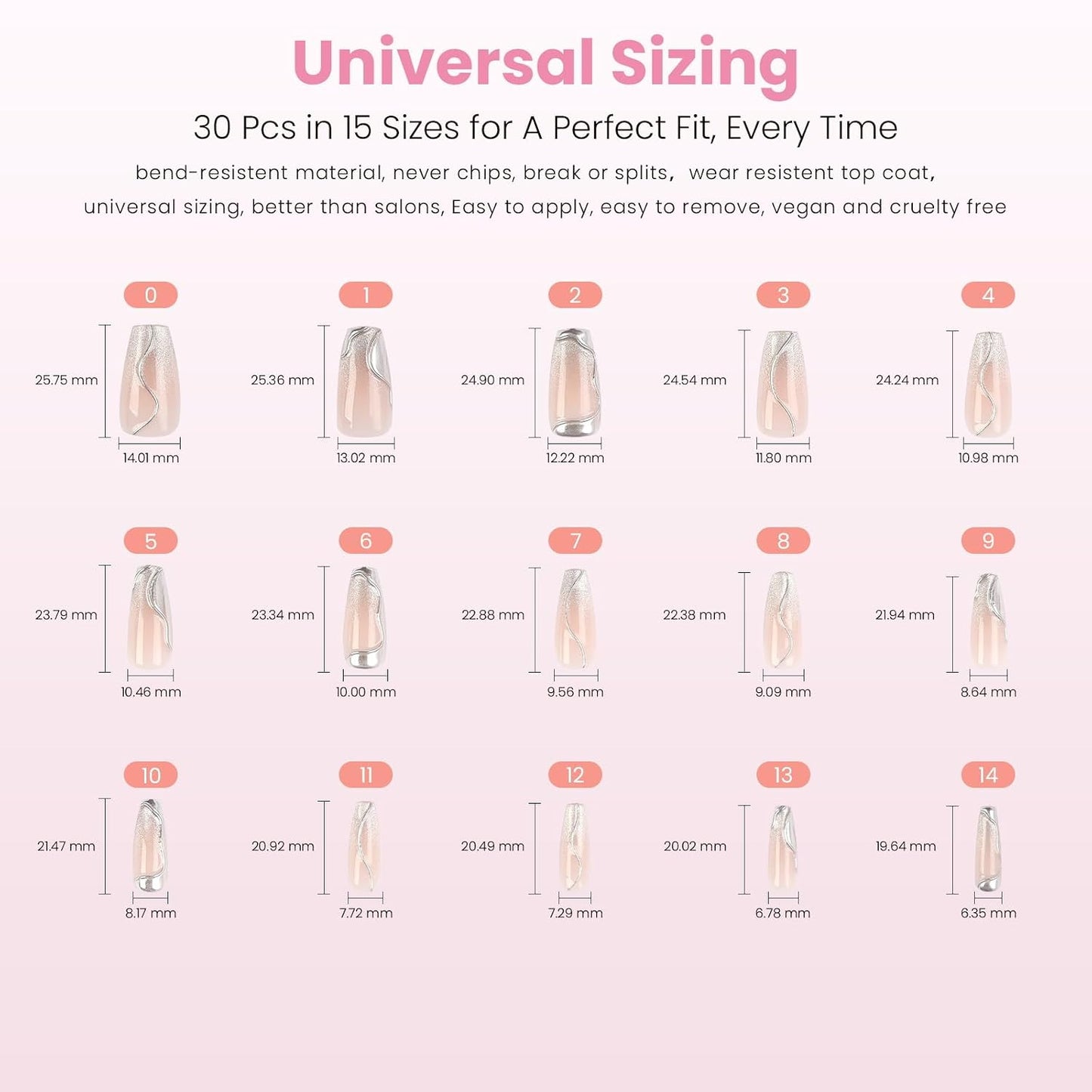 Nail Reformation Press On Nails - Pink Long Coffin 3D Metallic Glitter | 30 Reusable Stick-On Nails in 15 Sizes