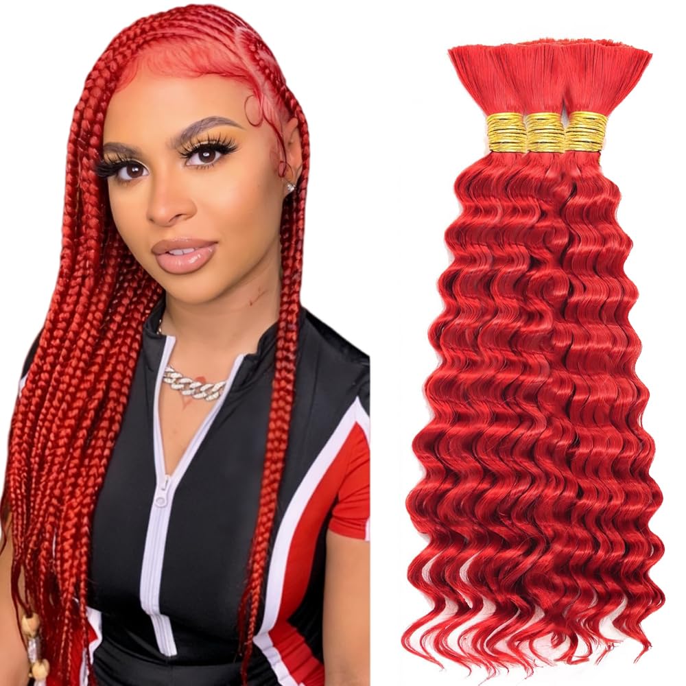 Red Human Braiding Hair For Boho Braids Red Bulk Human Hair Boho Braiding Deep Wave Braids Bulk Bohemian 3 Bundles/Pack 150g 14 14 14 Inch