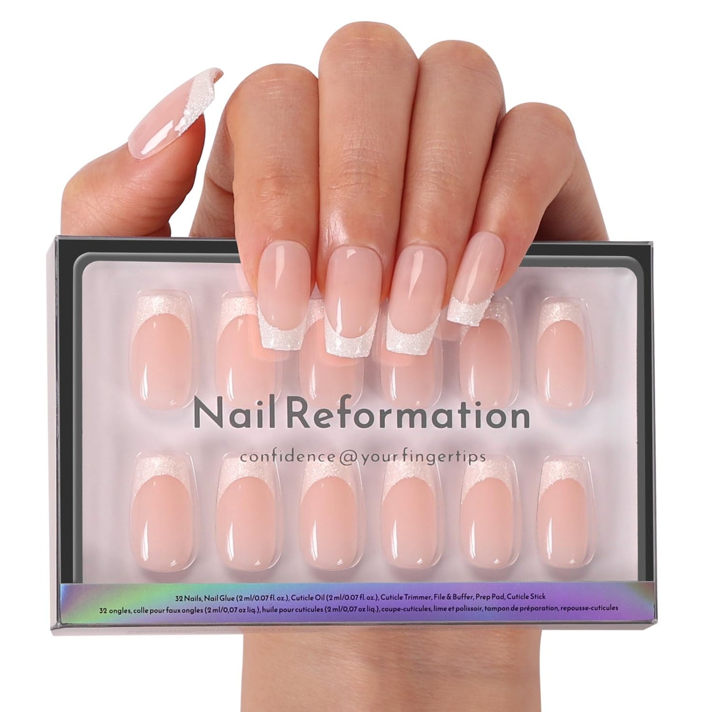 Press On Nails - Black Glitter French Tip Almond Shape | Reusable Glossy Finish in 16 Sizes - 32 Nail Kit for Women