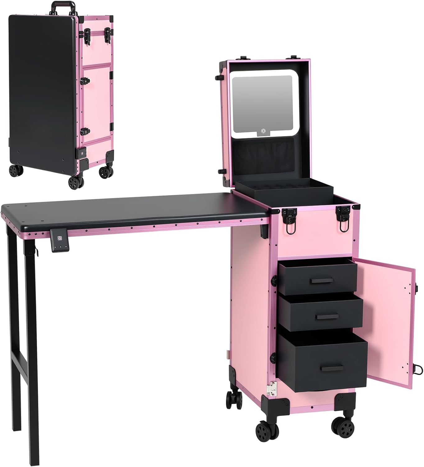 Portable Manicure Table - Rolling Nail Desk with 3 Drawers & Lockable Makeup Case | Pink with Detachable Mirror