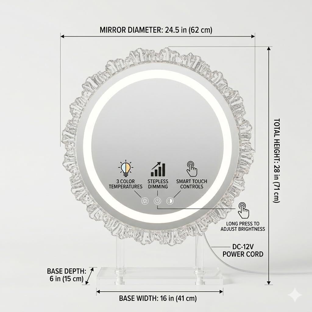Hollywood Round Vanity Mirror - 16-Inch Dimmable Makeup Mirror with 3-Color LED Light Modes | 360° Rotating Design