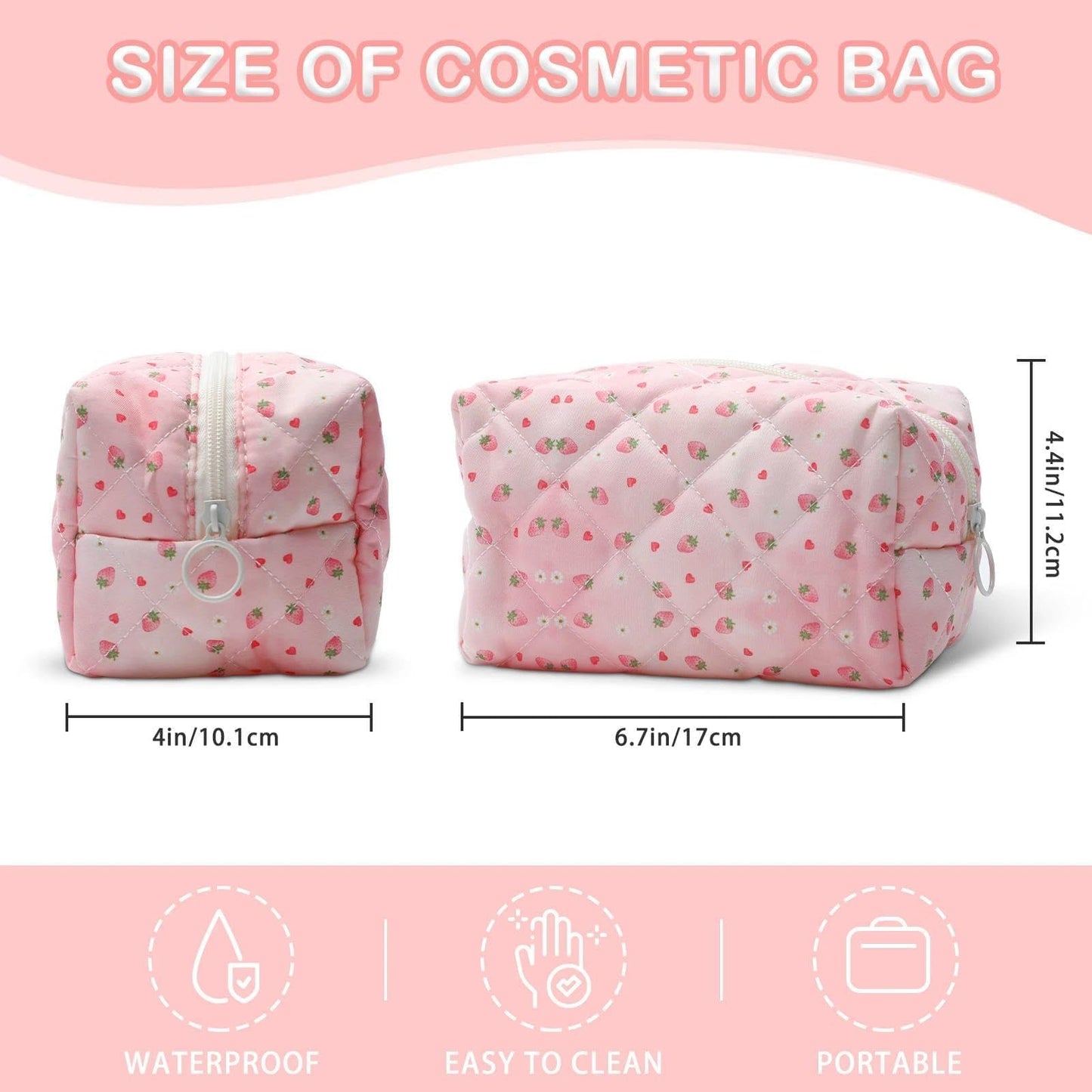 BACDOILQ Pink Quilted Makeup Bag, Strawberry Cotton Cosmetic Bag, Cute Floral Makeup Pouch for Women Girls, Coquette Aesthetic Organizer Bags Travel Toiletry Bags