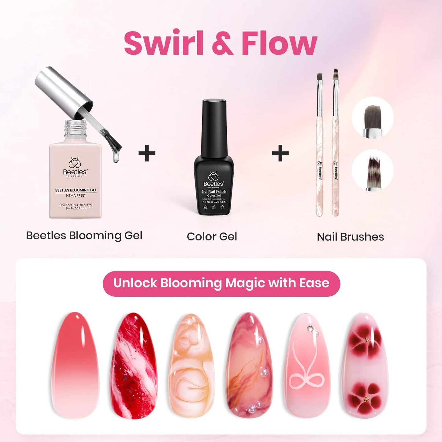 Beetles Blooming Gel and Nail Art Brushes Set - Ombre Nail Brush Gradient Stipple Clean Up Fingernail Art Pens and Silicone Dotting Tool for Gel Polish Marble Blush Chrome DIY Manicure Designs