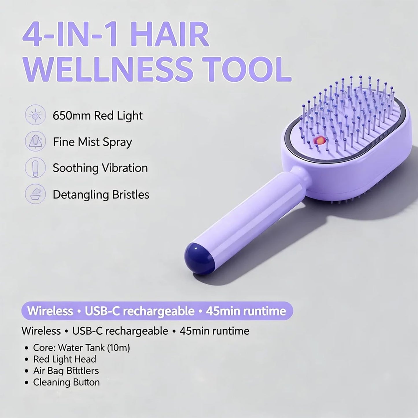 Electric Steam Brush for Hair, Electric Spray Air Cushion Comb, Detangling Steam Brush for Hair, Portable Cordless Rechargeable Red Light Brushs with Detangling Comb, Anti-Static