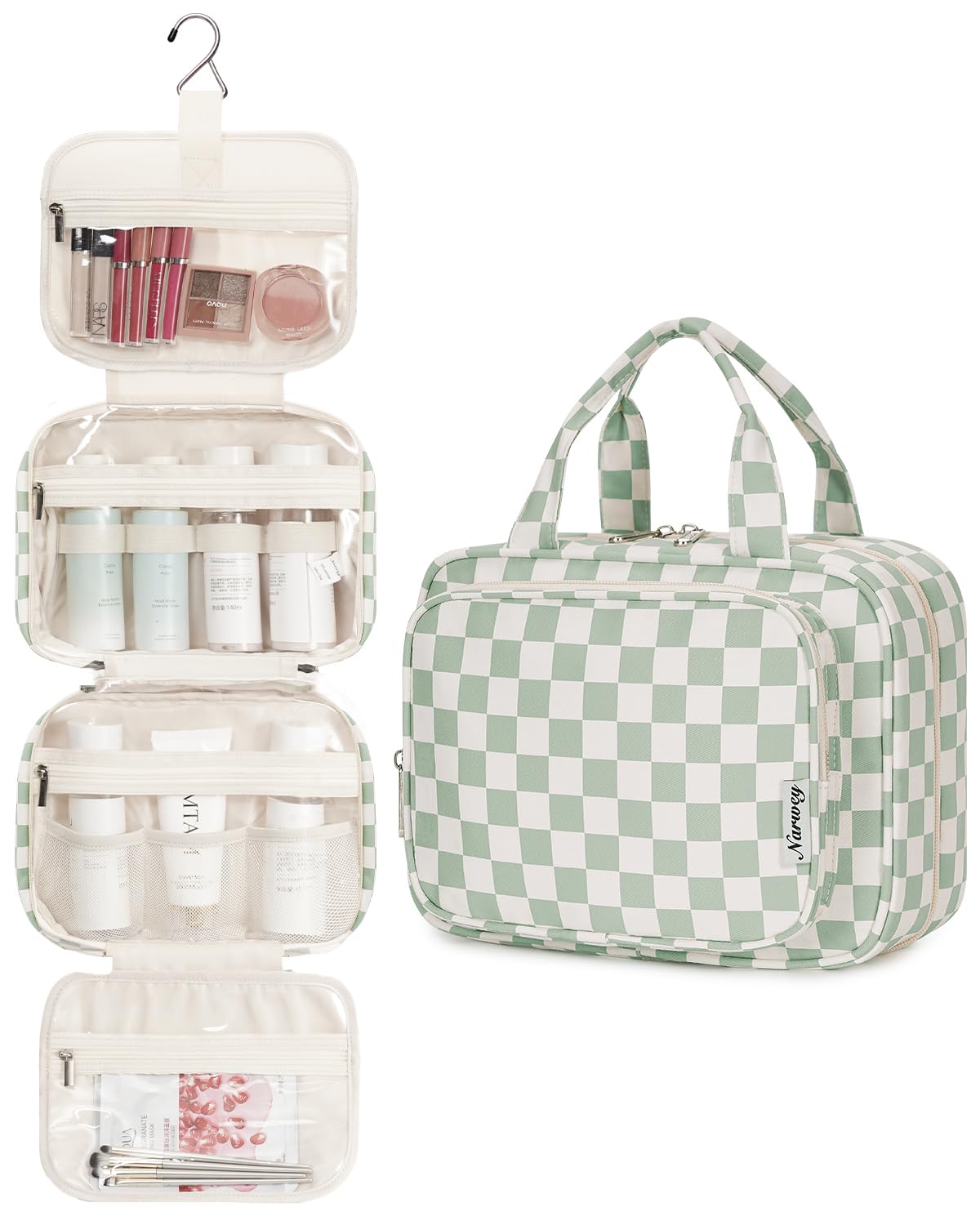 Narwey Hanging Toiletry Bag for Women Travel Checkered Makeup Bag Organizer Toiletries Bag for Travel Size Essentials, Accessories, Brushes, Cosmetics (Green Checkerboard (Medium))