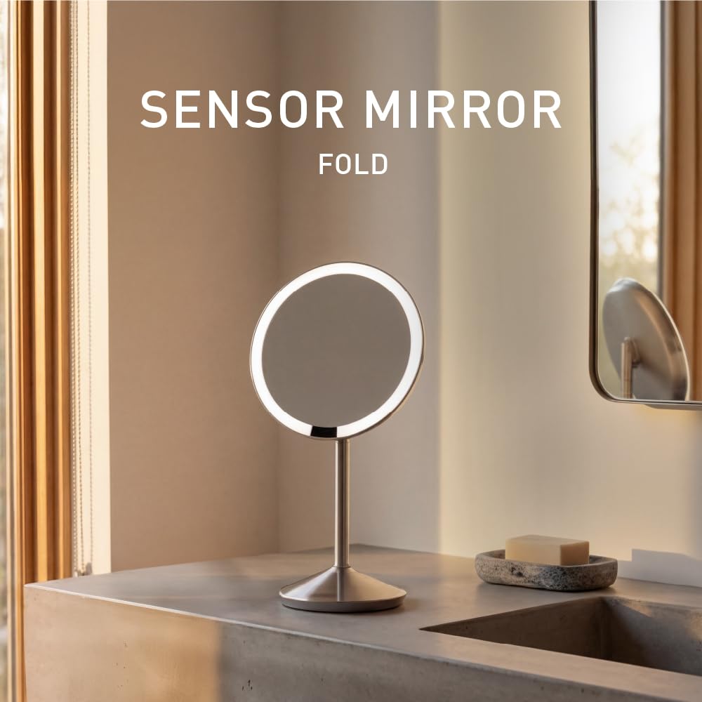 simplehuman Sensor Mirror Fold, 5'' with 10X Magnification, Round Rechargeable Travel Makeup Mirror, Tru-Lux® Full-Spectrum Light, Adjustable Brightness & Height, Brushed Stainless Steel