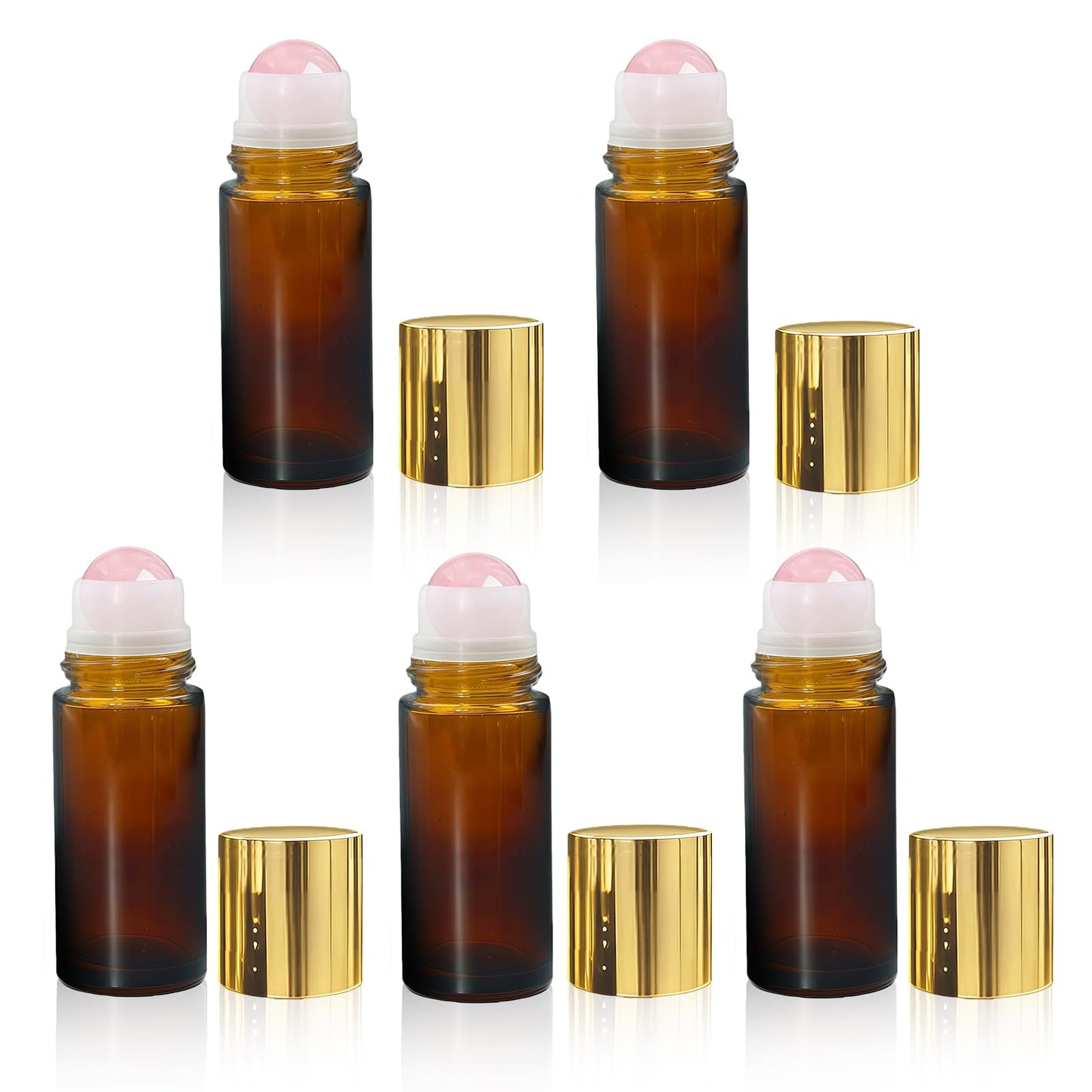 Warmify 5 Pack Rose Quartz Roller Bottles for Essential Oils, 50ml Refillable Amber Glass Roll On Bottles with Natural Crystal Roller Balls, Leak-Proof Travel Perfume Bottle with Gold Caps