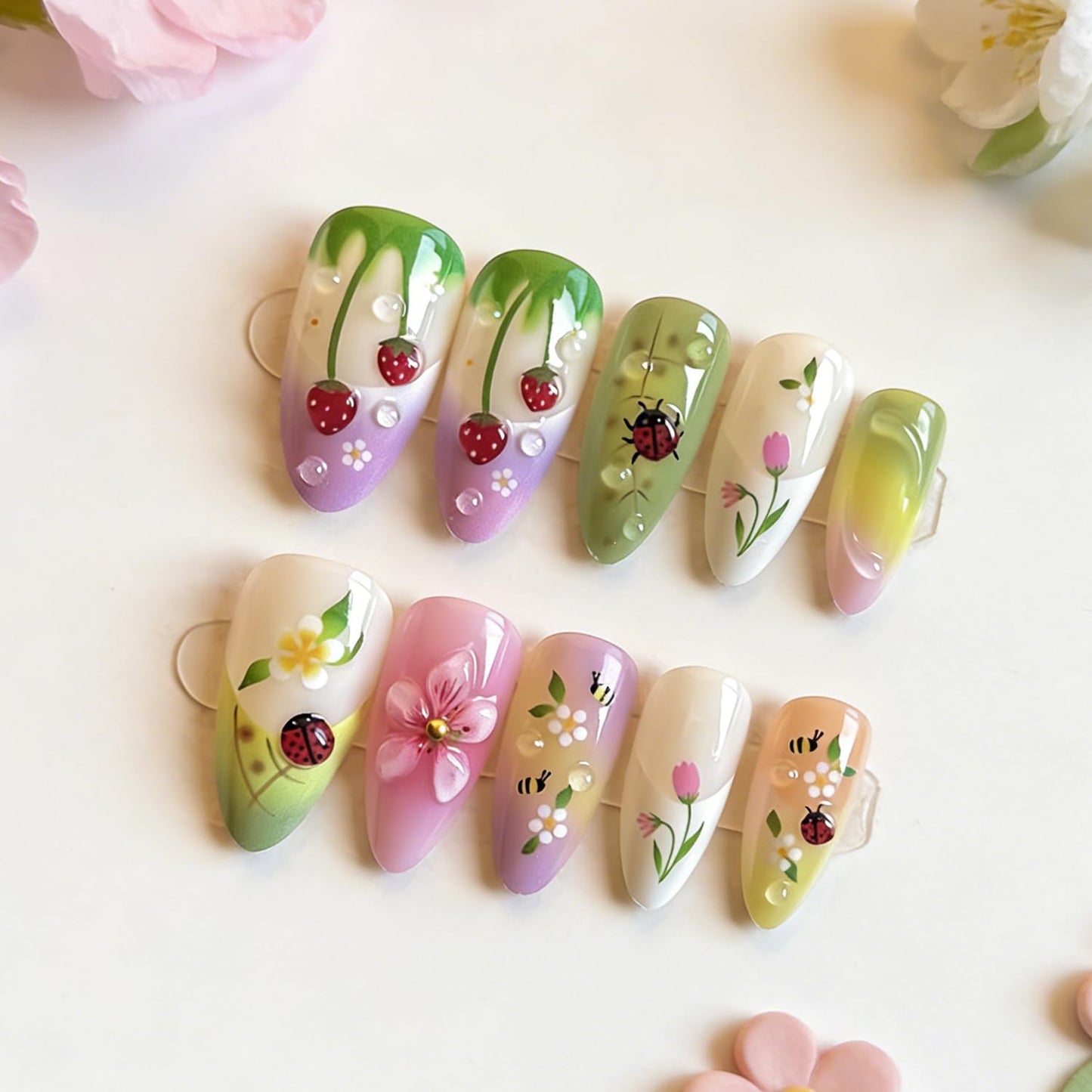 30Pcs Summer Press-On Nails - Medium Almond Pink Floral Acrylic with Pearl Designs | Full Cover Butterfly Stick-On Nails