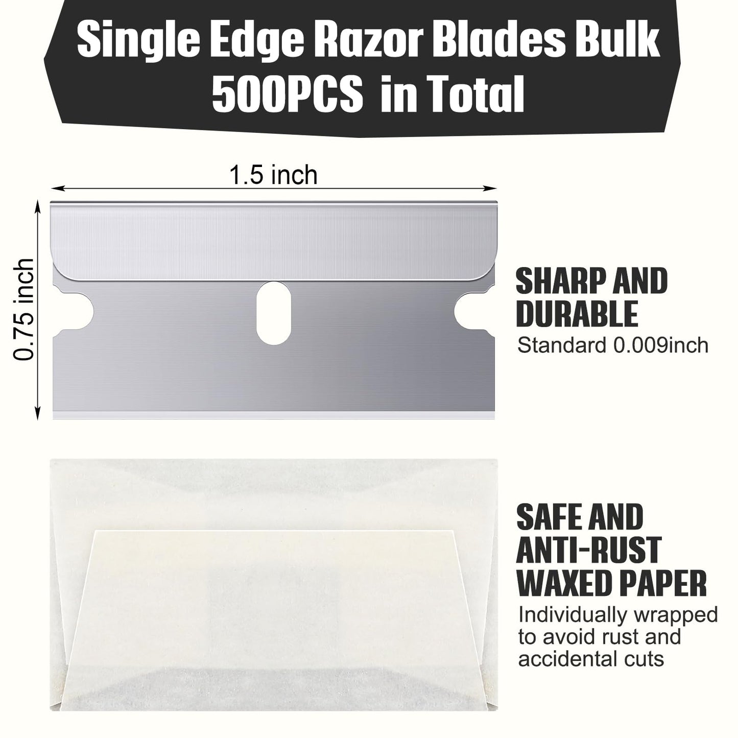 Lasnten 500 Pack Single Edge Razor Blades High Carbon Steel Individually Wrapped 1.5" x 0.75" Replacement Scraper Blades for Removing Paint Labels Stickers & Decals