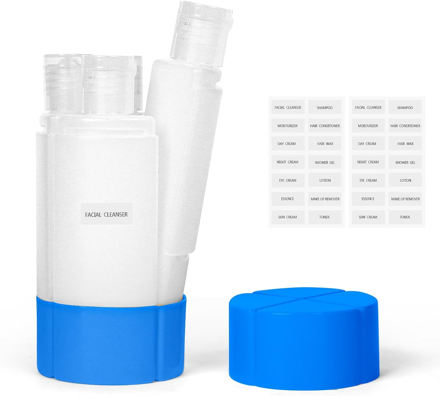 Travel Bottle - TSA Approved 4-in-1 Leak-Proof Design | 4 x 60ml/2oz with Labels for Travel, Gym, Camping (Blue)