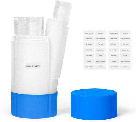 Travel Bottle - TSA Approved 4-in-1 Leak-Proof Design | 4 x 60ml/2oz with Labels for Travel, Gym, Camping (Blue)