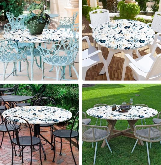 Round Elastic Tablecloth for 36-44" Tables - Blue Flower & Bird Design