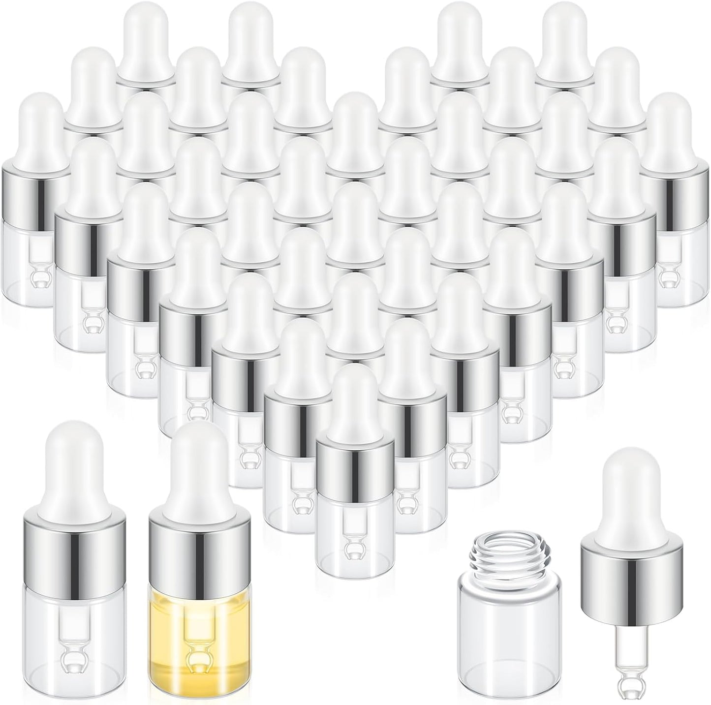Mini Glass Oil Dropper Bottles - 100 Pcs 1 ml Clear Essential Sample Containers | Travel-Friendly Perfume Vials with Caps