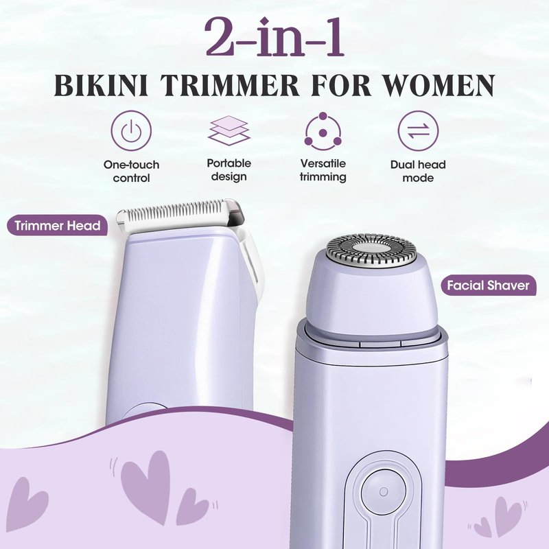 QREEYX Bikini Trimmer Electric Razors for Women, 2-in-1 Dual-Head Cordless Body Hair Trimmer Facial Hair Removal for Face Lip Chin Pubic Underarm Legs, IPX6 Waterproof, Gifts for Women