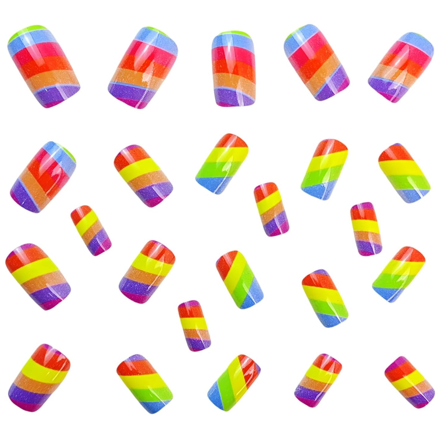Rainbow Press On Nails - Medium Square Acrylic Nails with Colorful Stripes | 24 Pcs Full Cover Summer Design