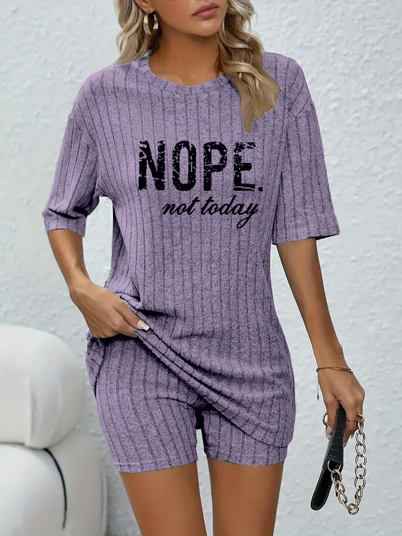Women Set Short Sleeve Top and Shorts Ribbed Casual Sleepwear Outfit for Home Travel and Daily Relaxation 2 Pcs (Purple, M)