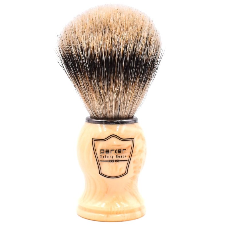 Parker Silvertip Badger Shaving Brush – Faux Ivory Resin Handle & Stand | 22mm Soft Knot for Rich Lather | Handcrafted Wet Shaving Brush for Soaps & Creams | Premium Grooming Tool