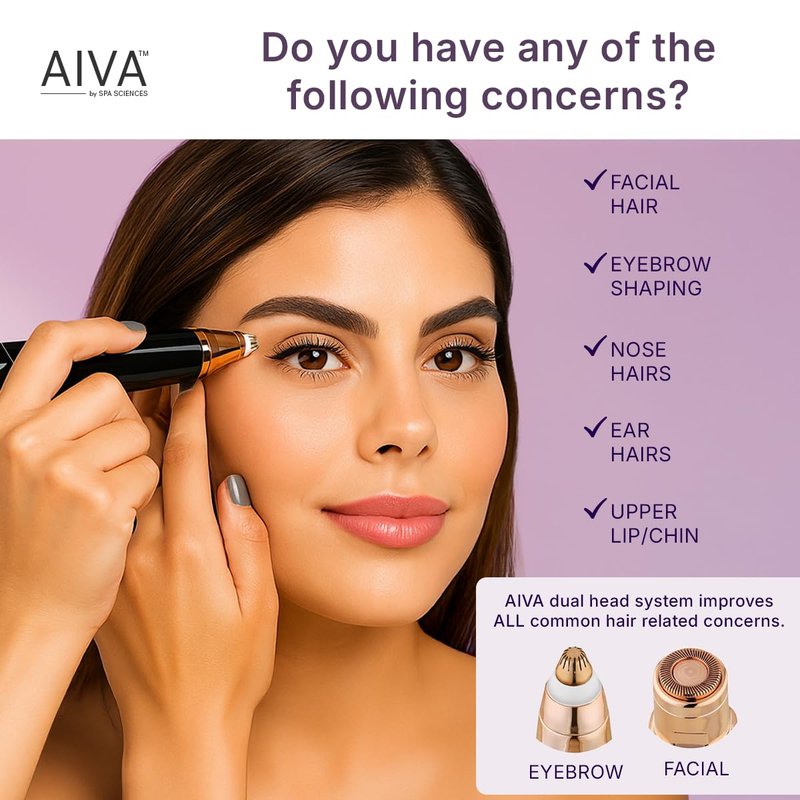 SPA SCIENCES - AIVA Deluxe – Patented Dual 2-in-1/Double Sided Facial Hair Remover & Eyebrow Trimmer USB Rechargeable with Built-in LED Lights & 2 Extra Replacement Heads