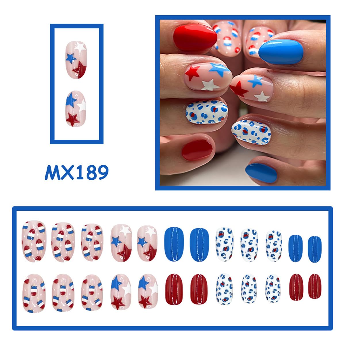 4th of July Press on Nails Medium Oval Fake Nails Red Blue Glue on Nail with Designs Star | Leopard,Independence Day False Nail 4th of July Nails for Women Manicure 24Pcs