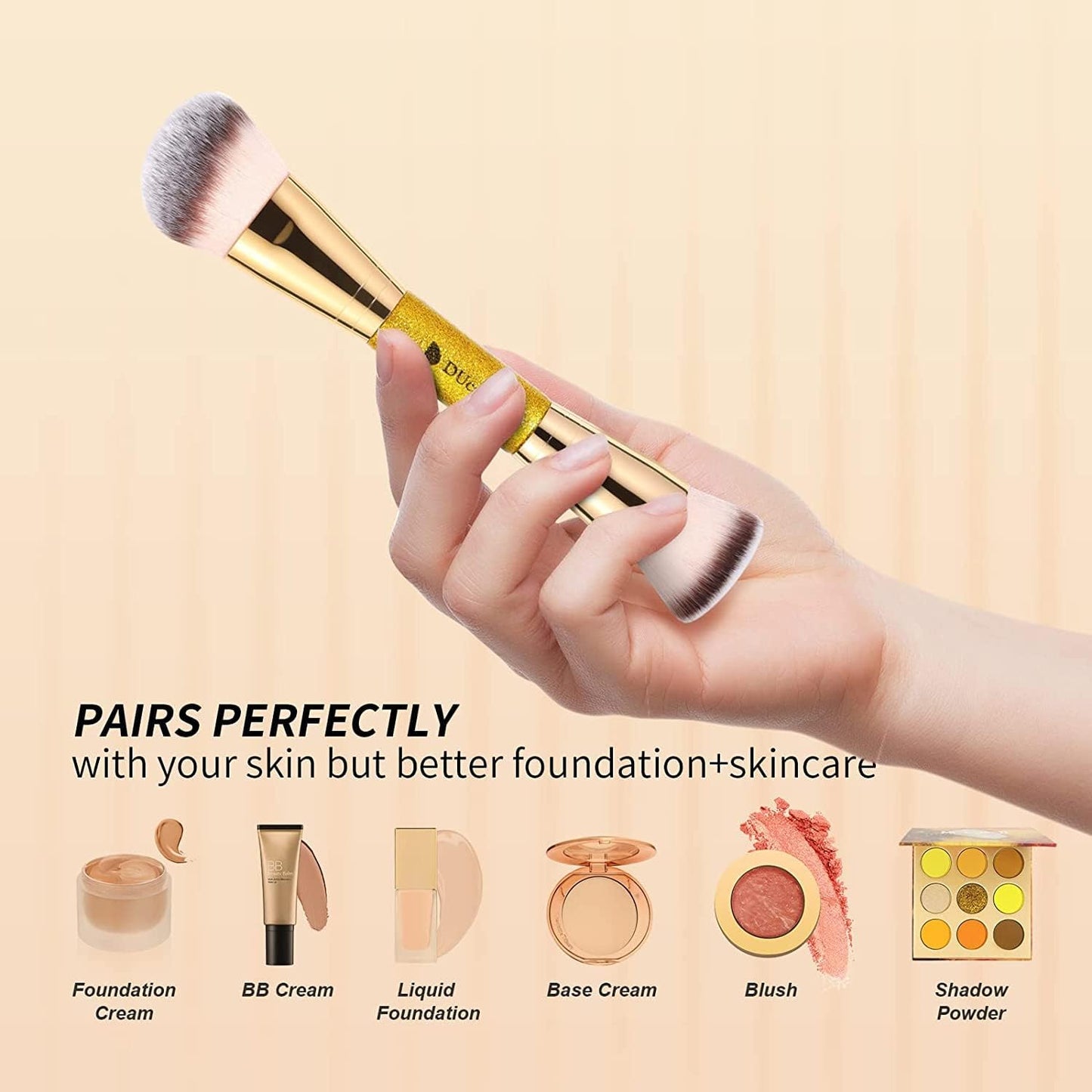 DUcare Dual End Foundation Brush - Professional Contour & Bronzer Tool for Liquid, Cream, & Powder Makeup | Gold Glitter Handle