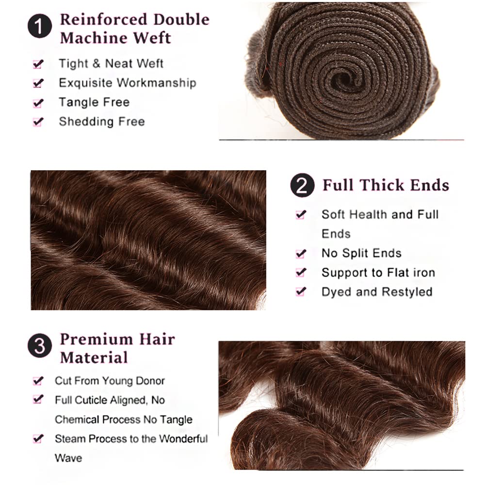 Brown Bundles Human Hair Chocolate Brown Deep Wave Bundles 28 30 32 Inch 8A Grade Brazilian Virgin 3 Bundle Color #4 Hair Extensions