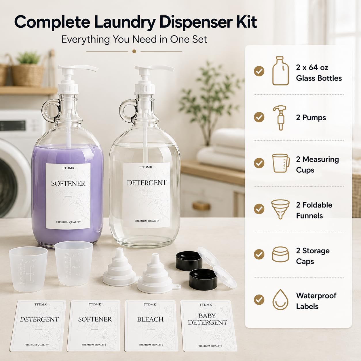 2 Pack Glass Laundry Detergent Dispensers, 64 oz Half Gallon Bottles