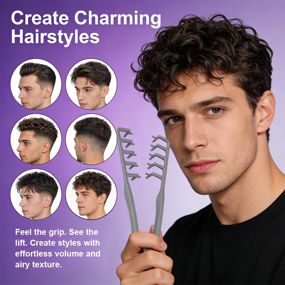Texture Styling Comb for Men - Voluminous Wide-Toothed Design, ABS Plastic, Textured Grip | Black & Grey