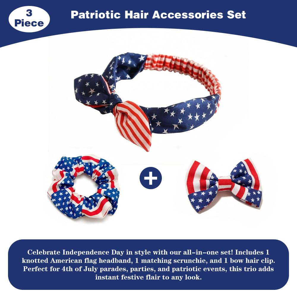sanvvv American Flag Bandana, Hairpins, Hair Ties, 3-Piece Set Red White Blue Patriotic Bandana for Women 4th of July USA Decorations (Rabbit Ears), Blue,White,Red
