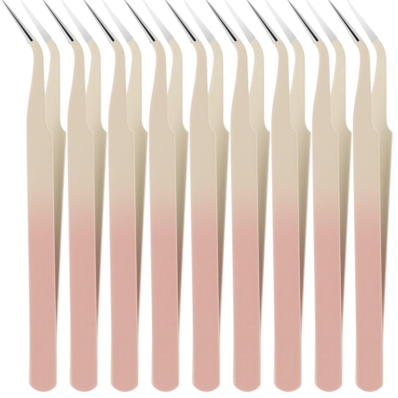 Honoson 9 Pieces Curved Pointed Craft Tweezers Stainless Steel Precision Tweezer with Protective Cover for Rhinestones Dried Flowers Craft Stickers Eyelash Extension Jewelry Making (Gradient Pink)