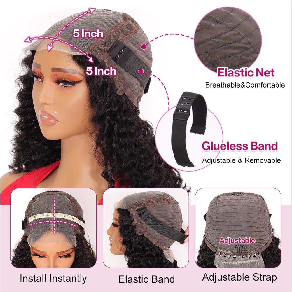 Curly Bob Wig - 200% Density Deep Wave Human Hair | 5x5 HD Lace Closure, 18 Inch, Black for Women
