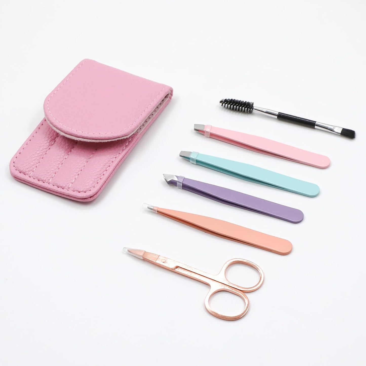 Eyebrow Tweezer Set - 6 Precision Tweezers with Curved Scissors & Leather Travel Case | Beauty Tools for Women