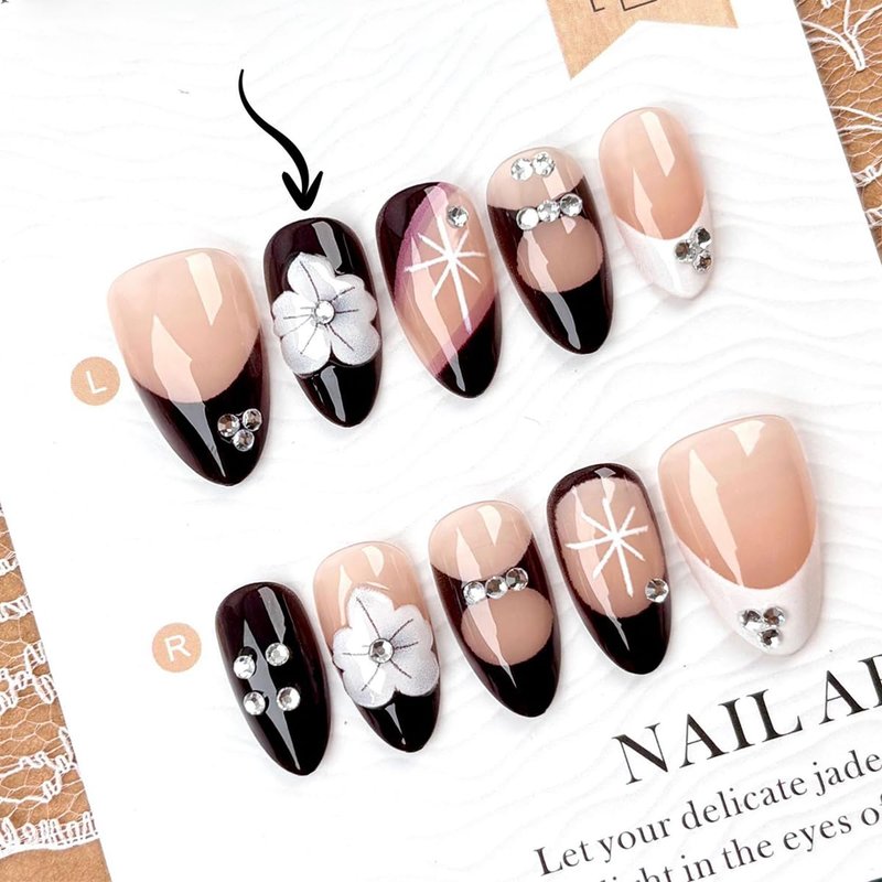 30Pcs Flower Press-On Nails - Medium Almond Black & White French Tip with Rhinestones | Reusable Acrylic Full Cover Set