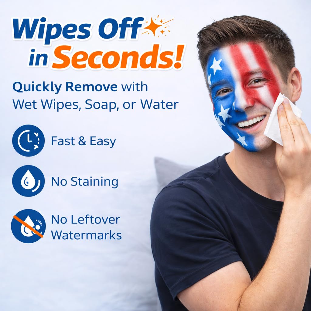Oiomniv Red White Blue Face Paint Kit for Kids & Adults, Patriotic Face Paint with Glitter, 30 Stencils, Water-Based USA Flag Face Paint for 4th of July, Independence Day, Sports, Parties