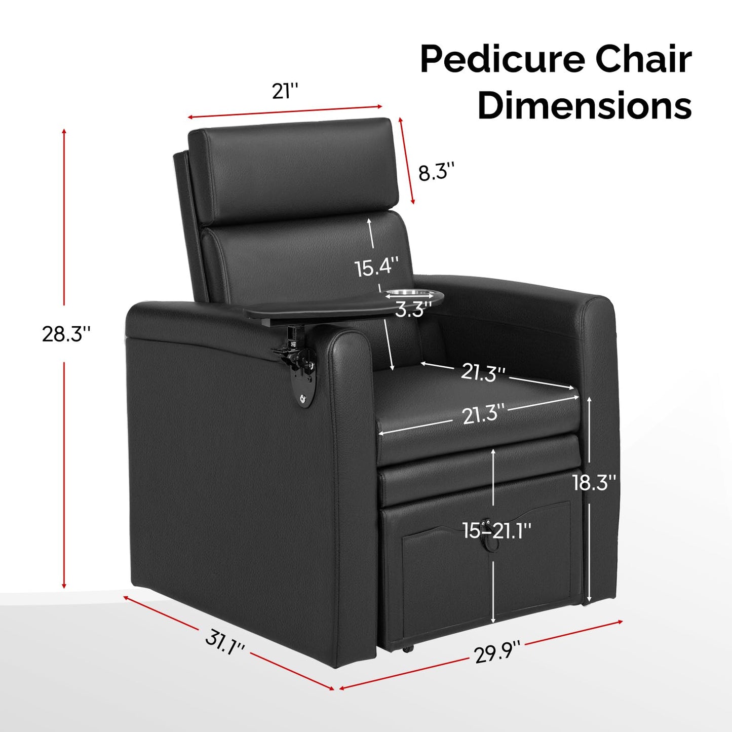 OmySalon Electric Pedicure Chair Pedi Station w/Adjustable Backrest, Movable Cup Holder & Hidden Storage Platform, No-Plumbing Full-Floor Support for Professional Nail Tech Supplies Spa Salon (Black)