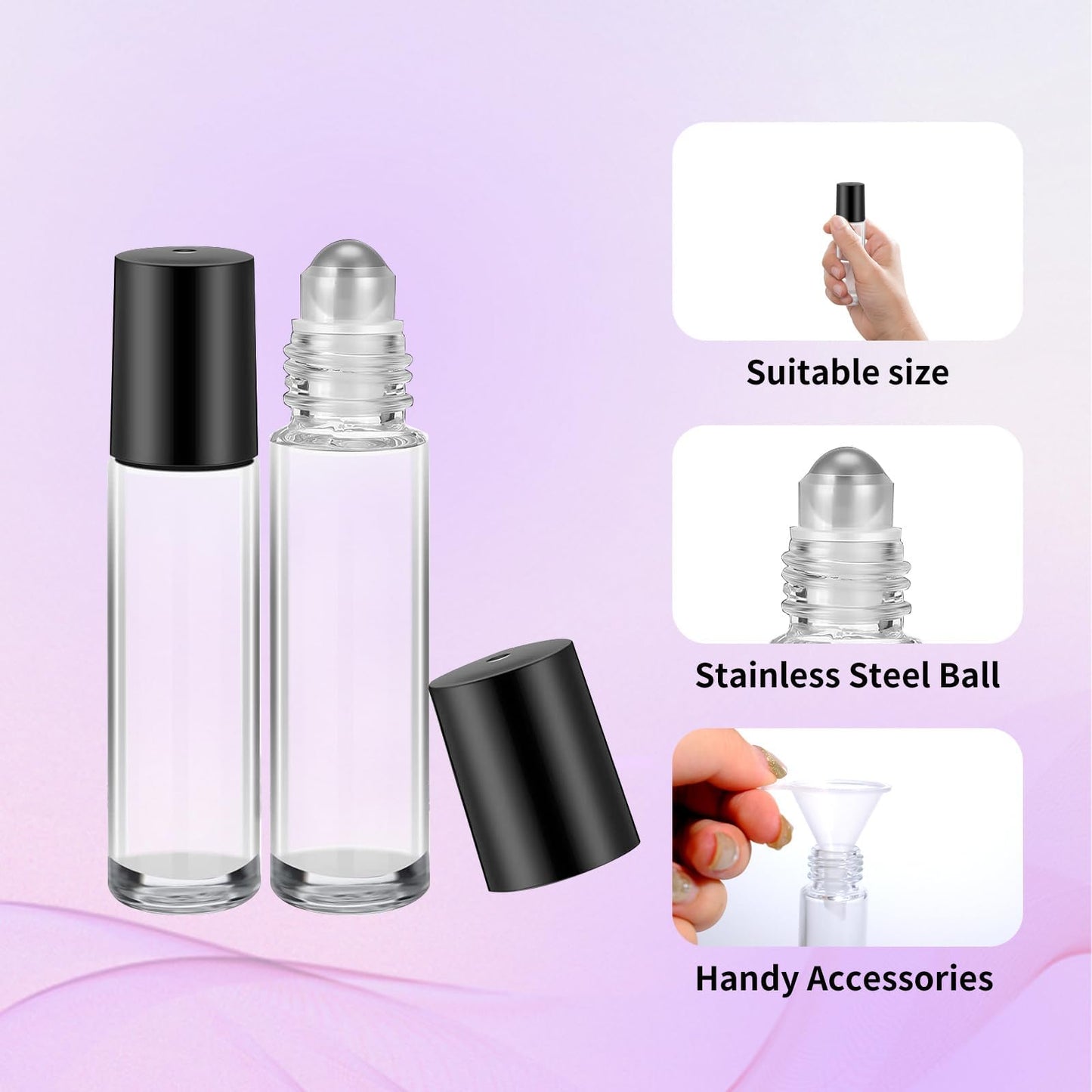 Olutacot 150 Pcs Essential Oil Roller Bottles 10 ml Leakproof Empty Glass Roll on Bottles with Stainless Steel Roller Balls with 20 Funnels 20 Droppers for Travel Perfume Essential Oil