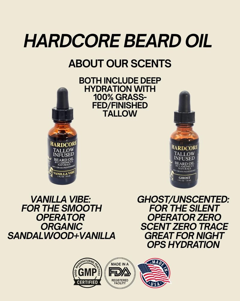 LAMONICA'S NATURALS Tallow-Infused Hardcore Beard Oil for Men – Unscented, 100% Grass-Fed finished tallow & Organic Oils – Softens, Hydrates & Conditions Beard – Grooming Oil for Men Veteran-Owned