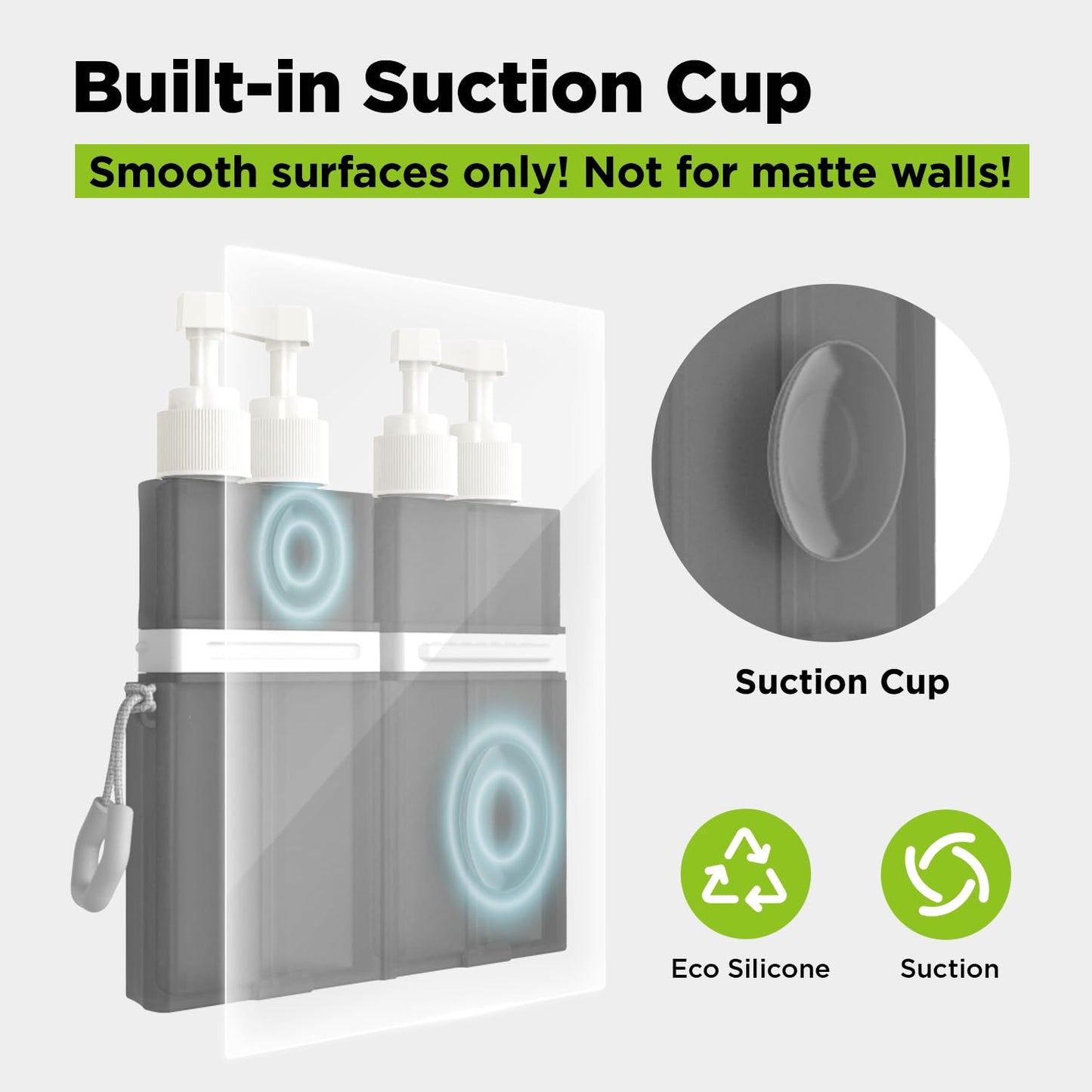 AnOis7ter 4 in 1 Travel Dispenser Bottle, TSA Approved Refillable Shampoo and Conditioner Bottles Set with Suction Cup for Smooth Walls, Travel Size Toiletries Container for Body Wash/Lotion.(Grey)