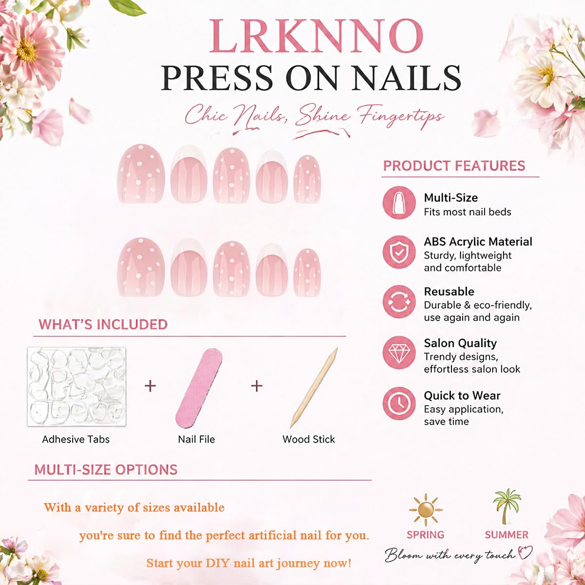 LRKNNO Polka Dot Press on Nails Short Almond Fake Nails White French Tip False Nails with Nude Pink Design Glossy Reusable Glue on Nails Cute Full Cover Acrylic Nails for Women Manicure 24Pcs