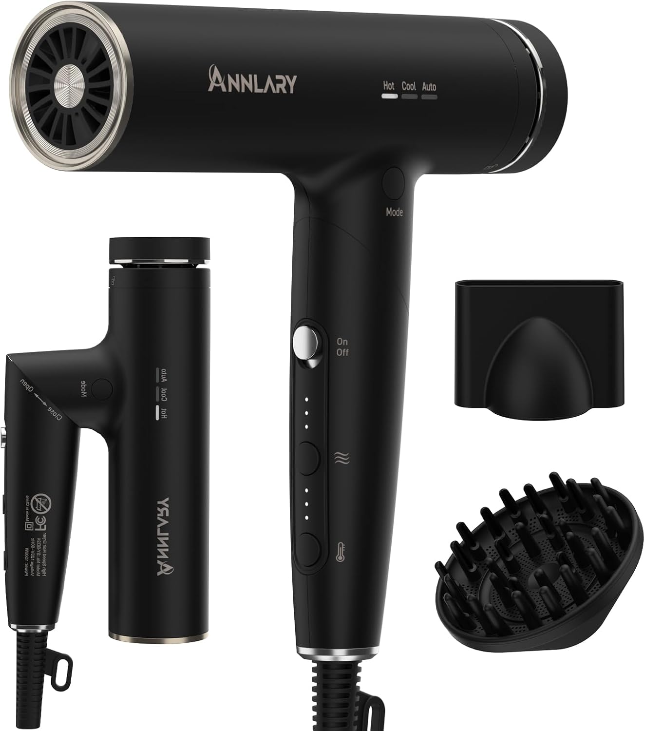 Annlary Hair Dryer - Ionic Blow Dryer with Diffuser for Curly Hair | Low Noise, Foldable Travel Design | 6.5Ft Cord, Magnetic Nozzle