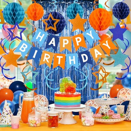 Navy Blue and Orange Birthday Decorations Set - Recosis Party Supplies with Balloons, Banner, Honeycomb Balls & Streamers