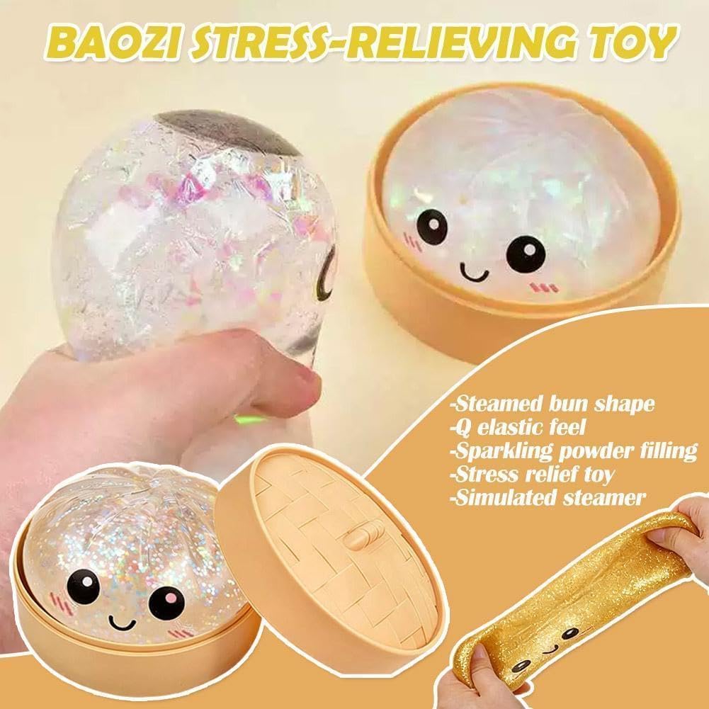 Glitter Dumpling Squishy - Soft Stress Relief Fidget Toy | Mini Food Steamer Design, White