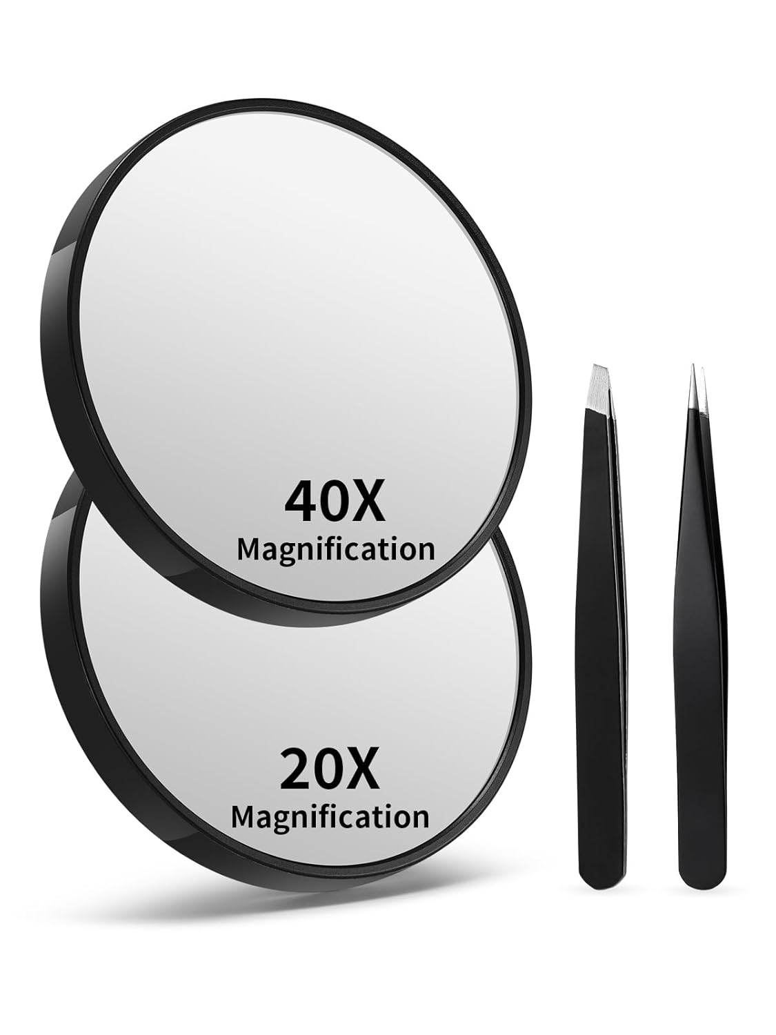 10X/20X/30X Magnifying Makeup Mirror - Suction Cups & Tweezers Set | 3.5 Inches, Black, 3PCS