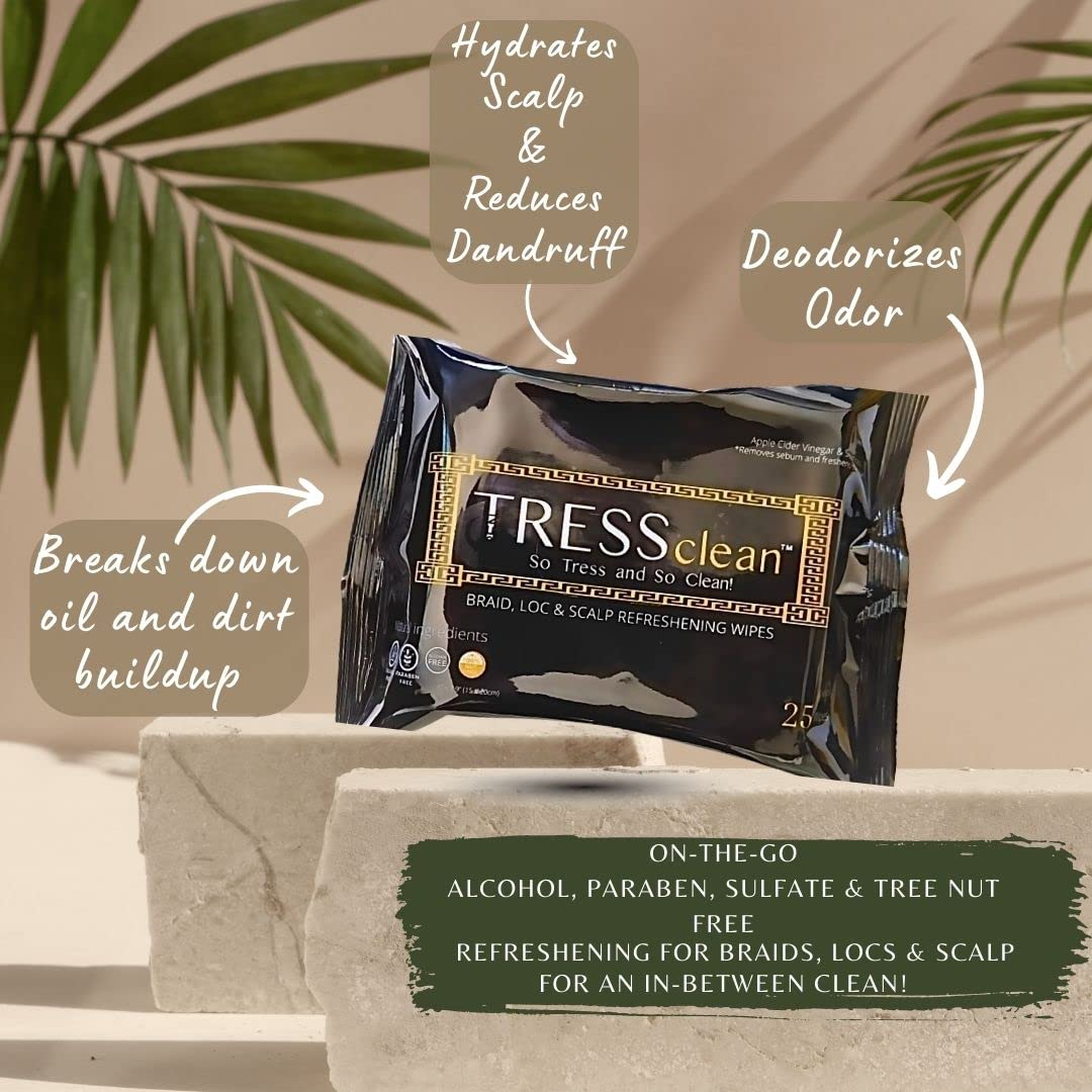 Tress Clean All Natural, Rinse-free Essential Oil Scalp Cleansing Refresh Wipes - Soothing Hair Cleansing Shampoo Wipes. Deodorizing Scalp Detox for Braids & Locs