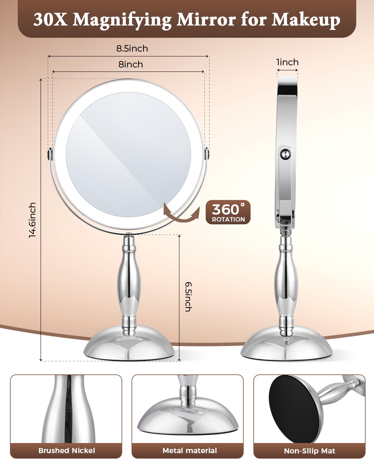 30x Lighted Makeup Mirror with Lights, 8" Double Sided Magnifying Mirror