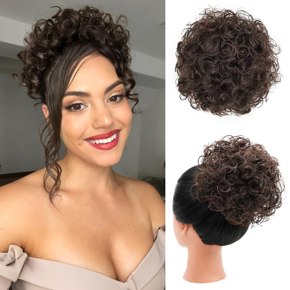 Curly Messy Bun Hair Piece - Short Synthetic Loose Wave Updo | Dark Brown Drawstring Style