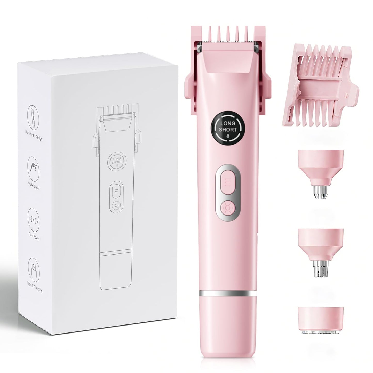 Bikini Trimmer for Women, 4 in 1 Wet/Dry Electric Razors for Women - Dual Head, Painless Rechargeable Portable Womens Razors for Shaving Set for Face, Nose, Eyebrows, Armpits, Bikini Area (Pink)