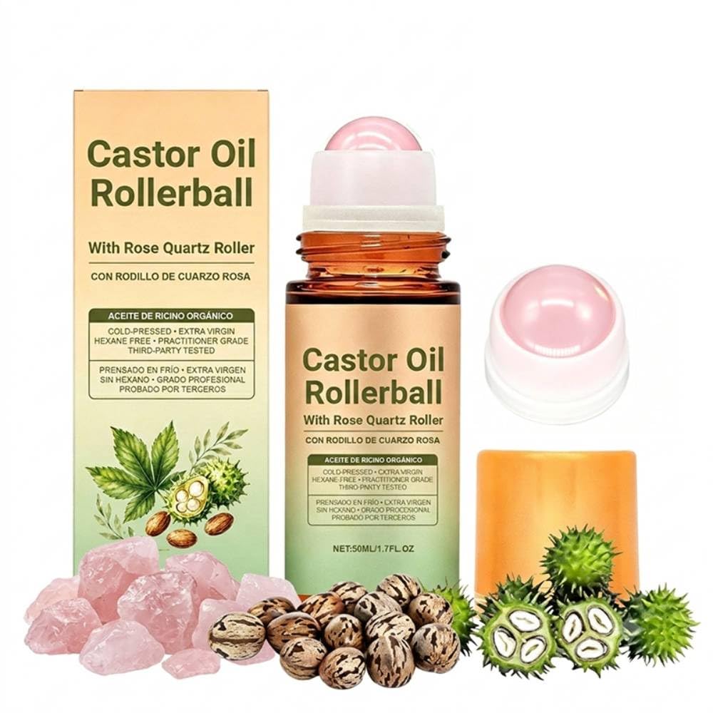 Castor Oil with Rose Quartz Roller - 100% Cold Pressed Moisturizing Oil for Face, Body & Hair | 1 Piece