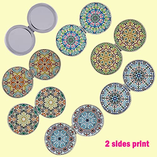 Blue Compact Mirror Set - 6 Handheld Folding Makeup Mirrors with Mandala Design, 2X Magnification