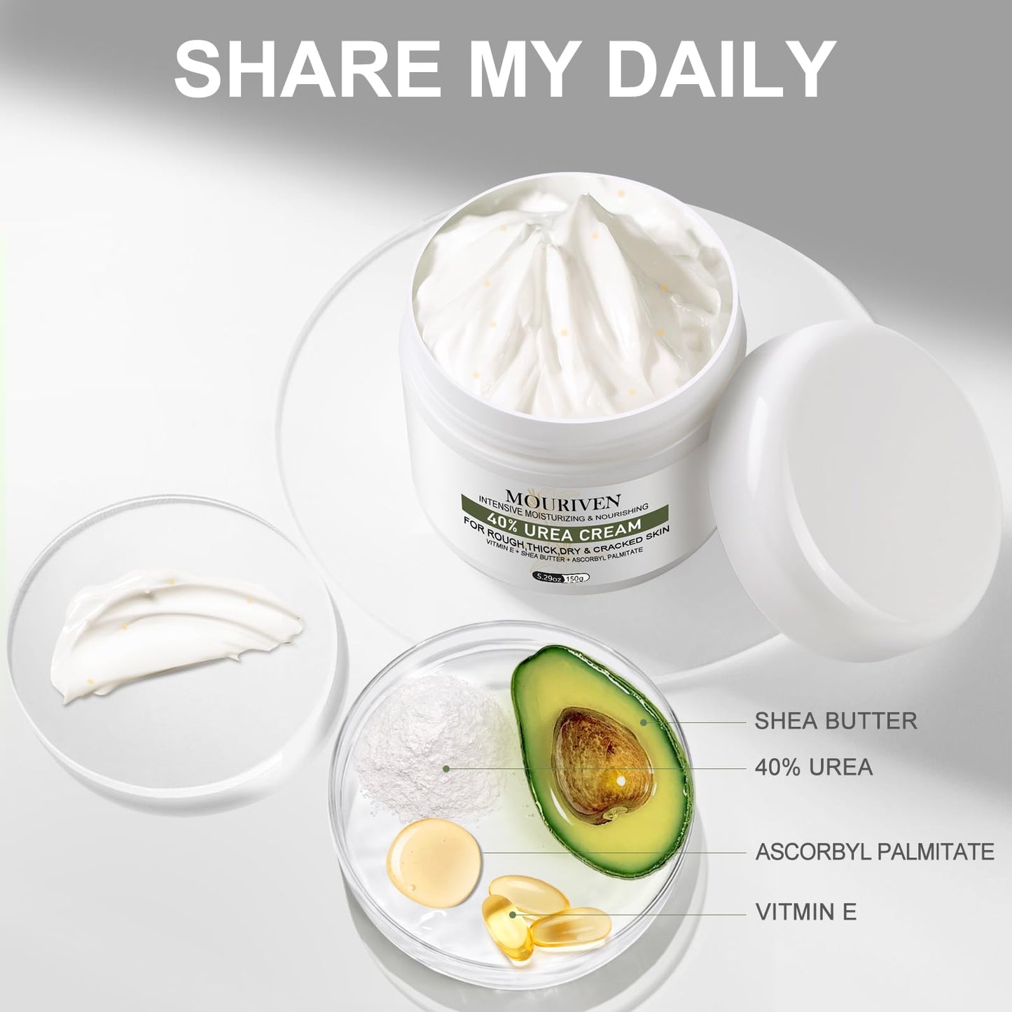 Mouriven Urea Cream 40 Percent - Foot & Hand Cream for Dry, Cracked Heels, Feet, Knees, Elbows, and Hands - Maximum Strength Urea Lotion for Softening and Moisturizing