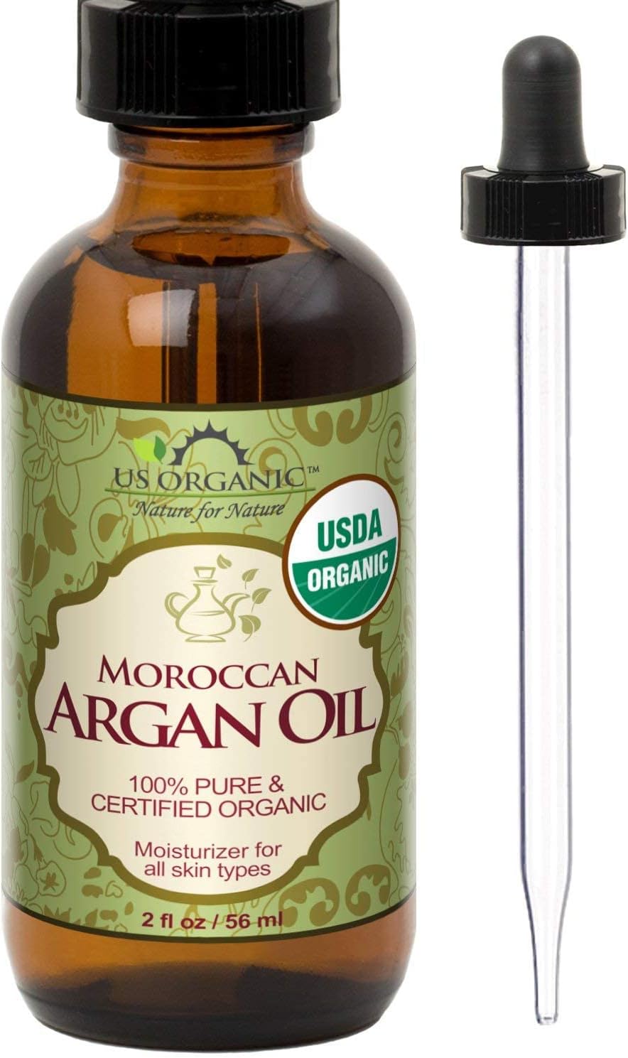 Organic Moroccan Argan Oil - 100% Pure & Natural, Cold Pressed, Unrefined | 2 Oz Amber Glass Bottle for Hair, Skin, Nail & Cuticle Care